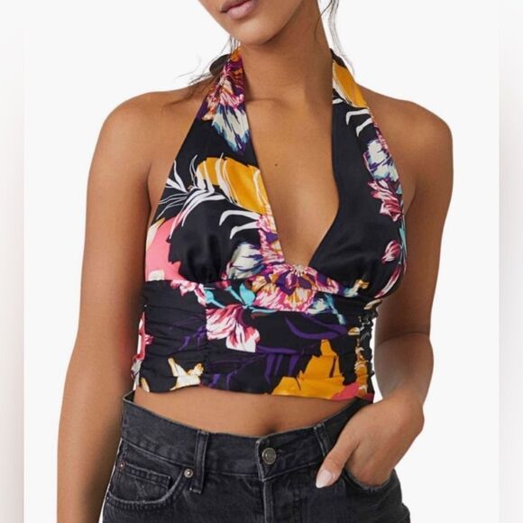 Free People NWT Seraphina Crop Top Halter in Black Combo Size Small - Picture 1 of 6